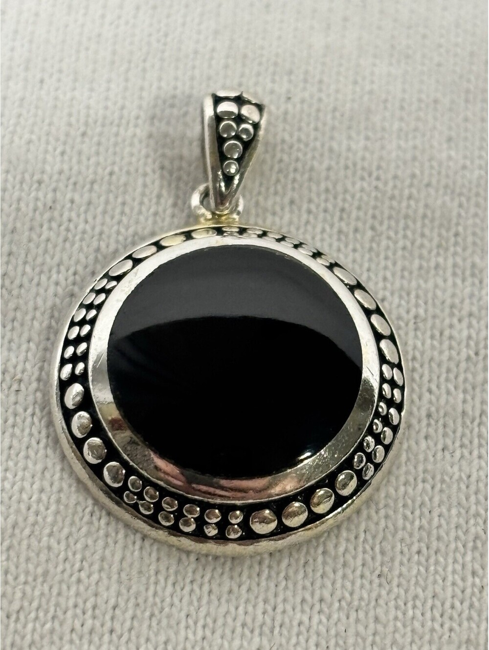 Sterling Silver 925 Black Onyx Round Cabochon Pendant Bali Style Ornate